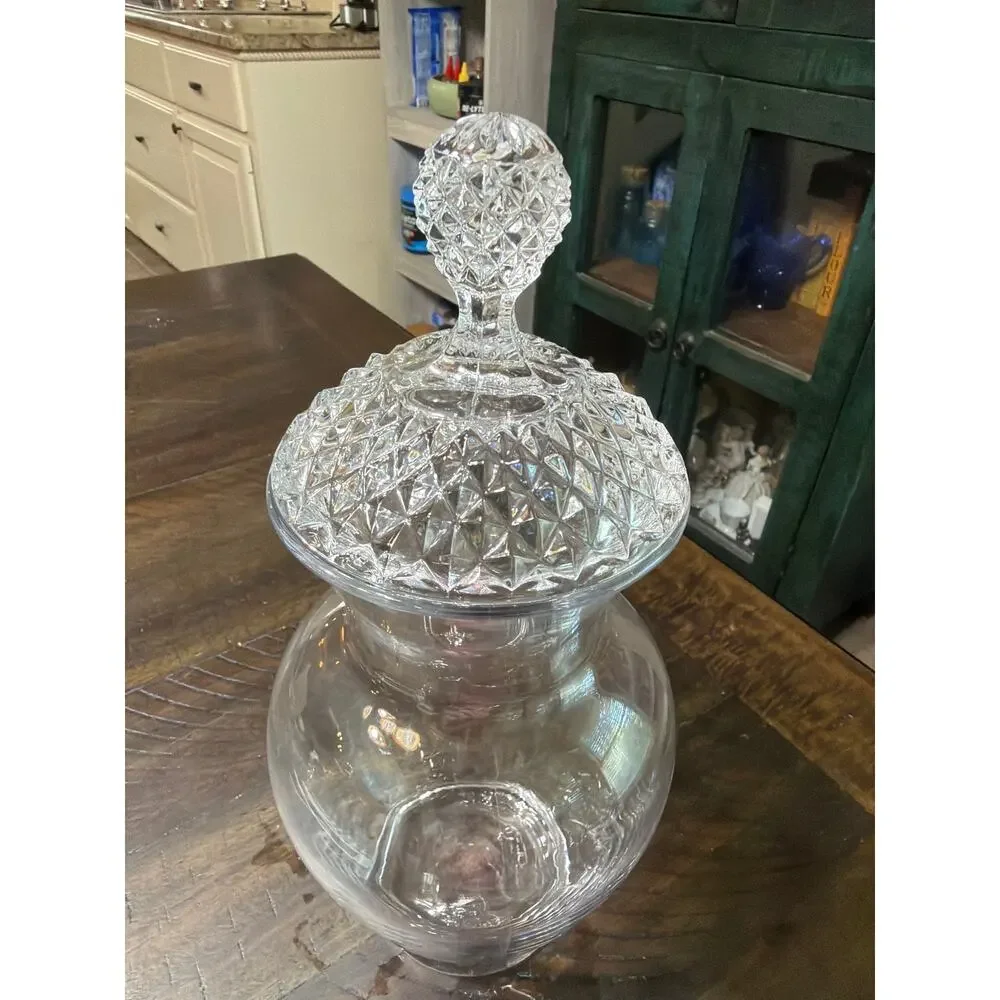 Vintage Clear Crystal Glass Large Covered Jar Diamond Point Lid Ball Finial